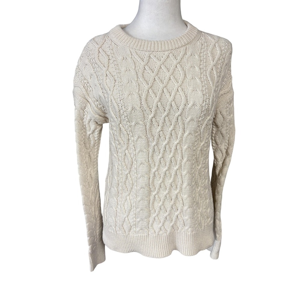 J.CREW Sweater Womens XS Beige 100% Cotton Cable Knit Crew Neck Pullover BT229